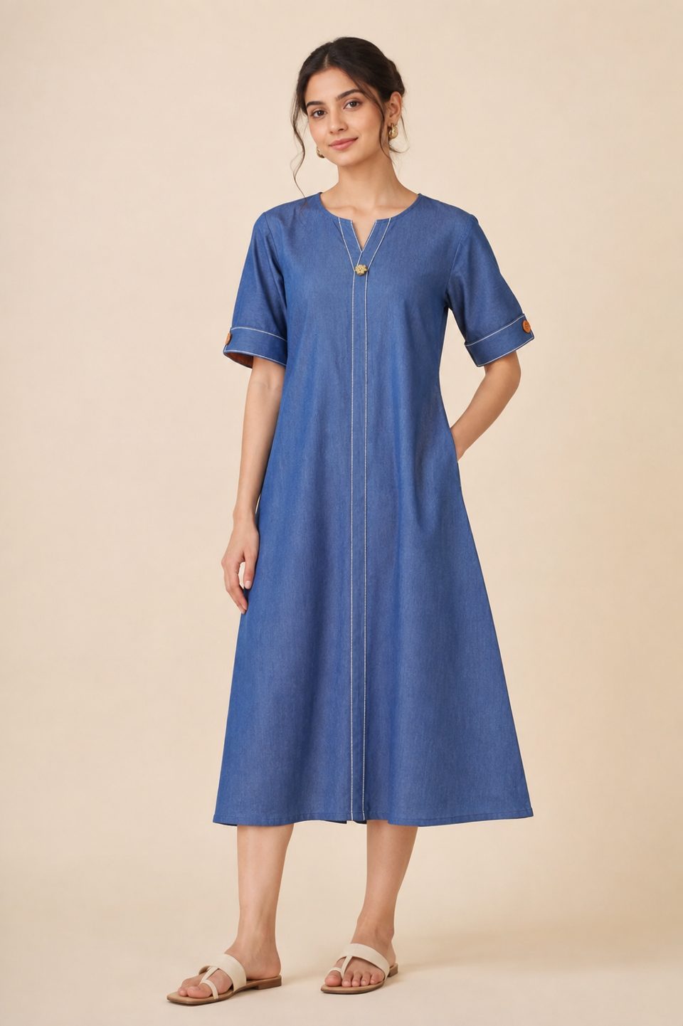 CHAMBRAY THREAD WORK DRESS